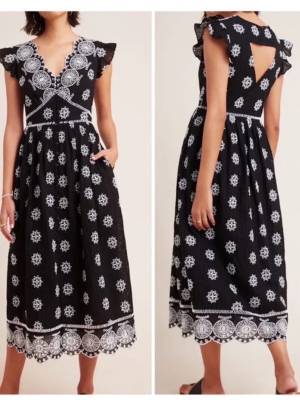 Anthropologie Ranna Gill Tomine Embroidered Midi Dress Black White Cutout-XSP